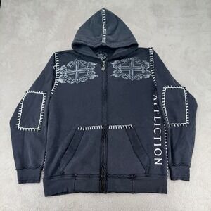 Vintage Y2K Affliction Gothic Cross Crucifix Hoodie Mens L Black Full Zip USA